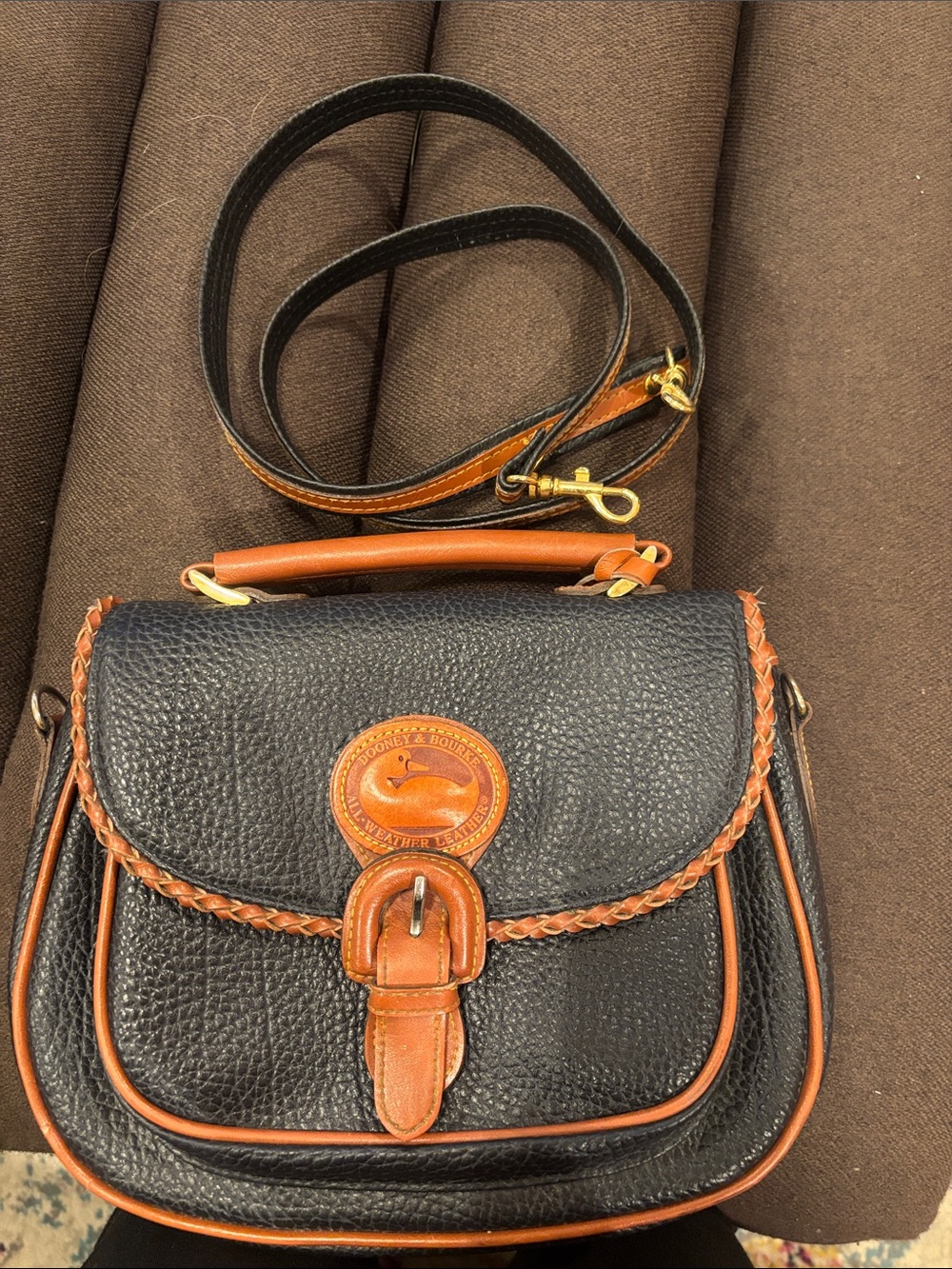 Dooney & Bourke Black Pebbled Leather Crossbody with Brown Trim